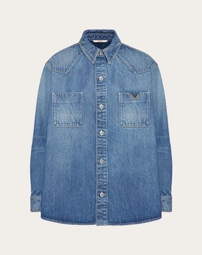 Valentino Denim Man Denim Shirt With Metallic V Detail For Man In Denim Denim
