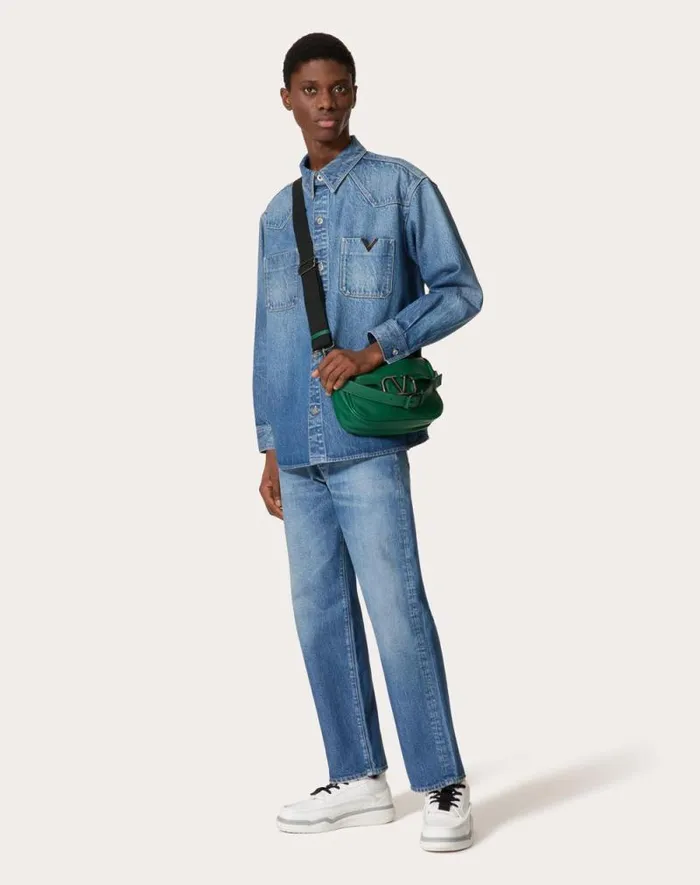 Valentino Denim Man Denim Shirt With Metallic V Detail For Man In Denim Denim