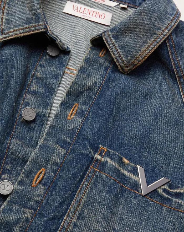 Valentino Denim Man Denim Shirt With Metallic V Detail For Man In Denim Denim