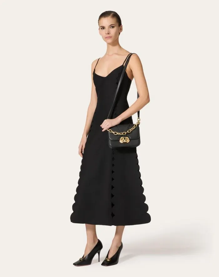Valentino Dresses Woman Crepe Couture Embroidered Midi Dress For Woman In Black Black Valentino Dresses Woman Crepe Couture Embroidered Midi Dress For Woman In Black Black