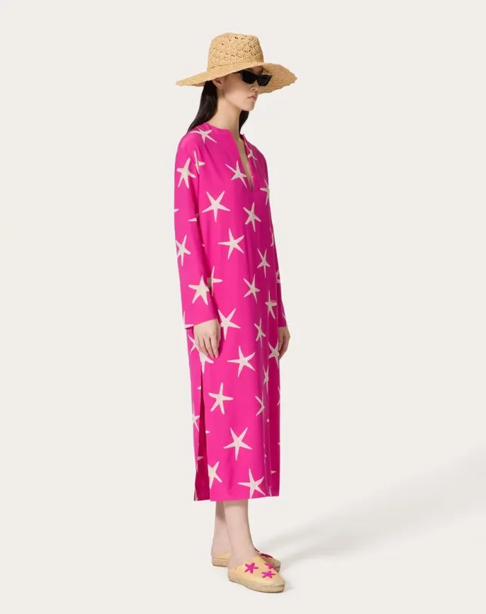 Valentino Dresses Woman Crepe De Chine Starfish Midi Dress For Woman In Ivorypink Pp Ivorypink Pp