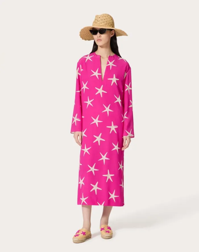 Valentino Dresses Woman Crepe De Chine Starfish Midi Dress For Woman In Ivorypink Pp Ivorypink Pp