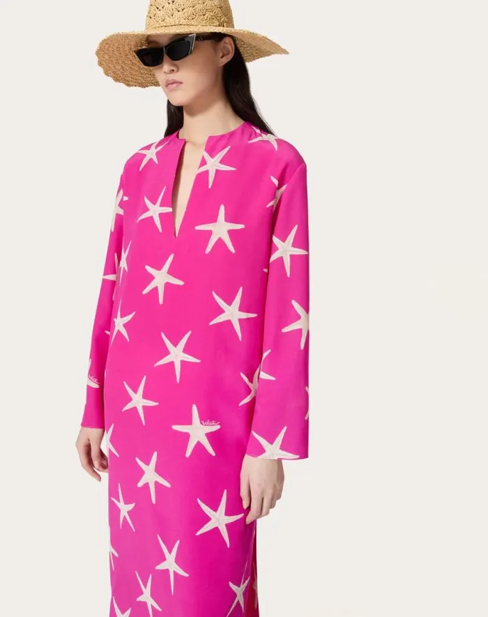 Valentino Dresses Woman Crepe De Chine Starfish Midi Dress For Woman In Ivorypink Pp Ivorypink Pp