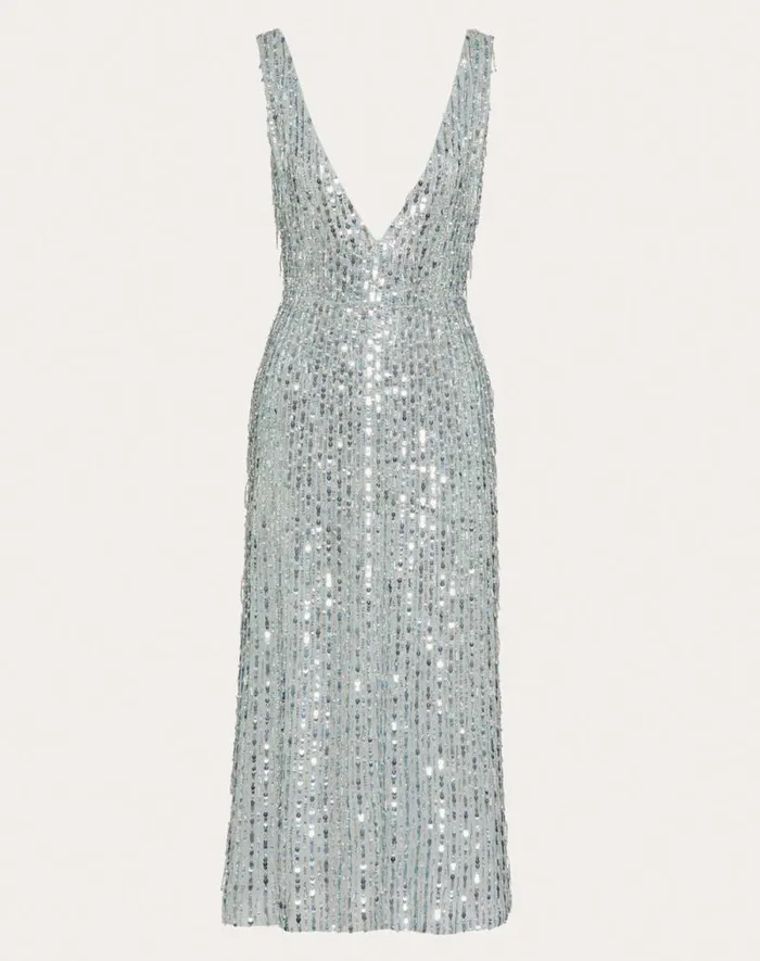 Valentino Dresses Woman Embroidered Organza Midi Dress For Woman In Silver Silver Valentino Dresses Woman Embroidered Organza Midi Dress For Woman In Silver Silver