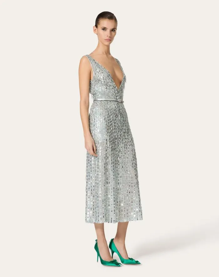 Valentino Dresses Woman Embroidered Organza Midi Dress For Woman In Silver Silver