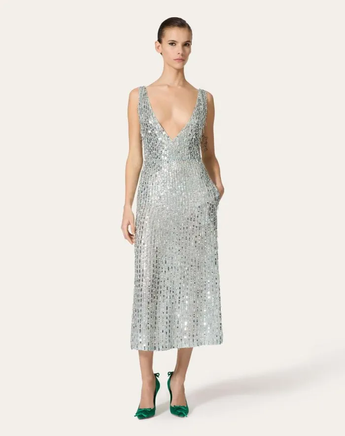 Valentino Dresses Woman Embroidered Organza Midi Dress For Woman In Silver Silver