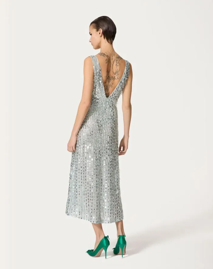 Valentino Dresses Woman Embroidered Organza Midi Dress For Woman In Silver Silver