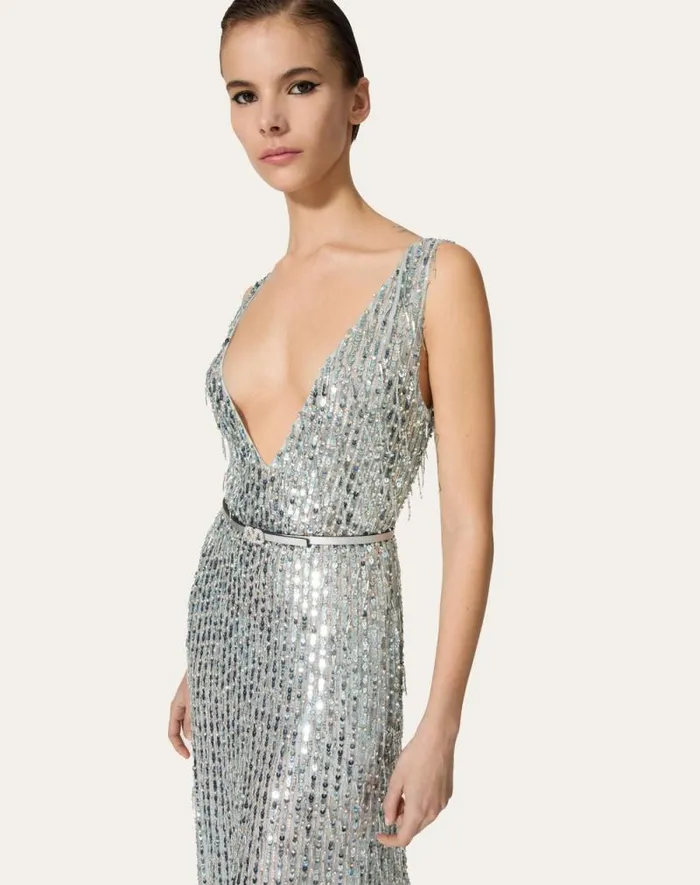 Valentino Dresses Woman Embroidered Organza Midi Dress For Woman In Silver Silver