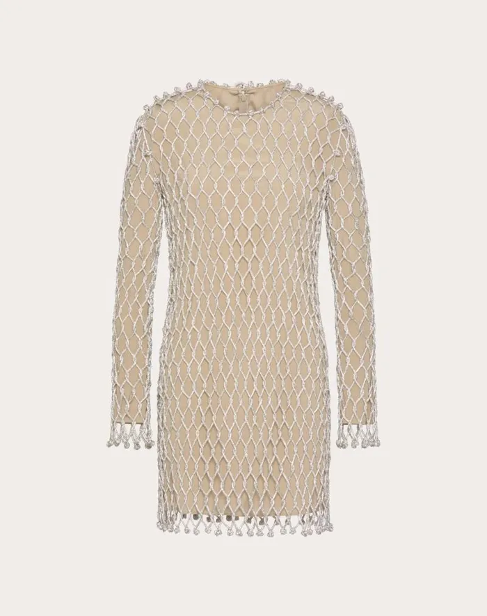 Valentino Dresses Woman Embroidered Rhinestone Mesh Short Dress For Woman In Silver Silver Valentino Dresses Woman Embroidered Rhinestone Mesh Short Dress For Woman In Silver Silver