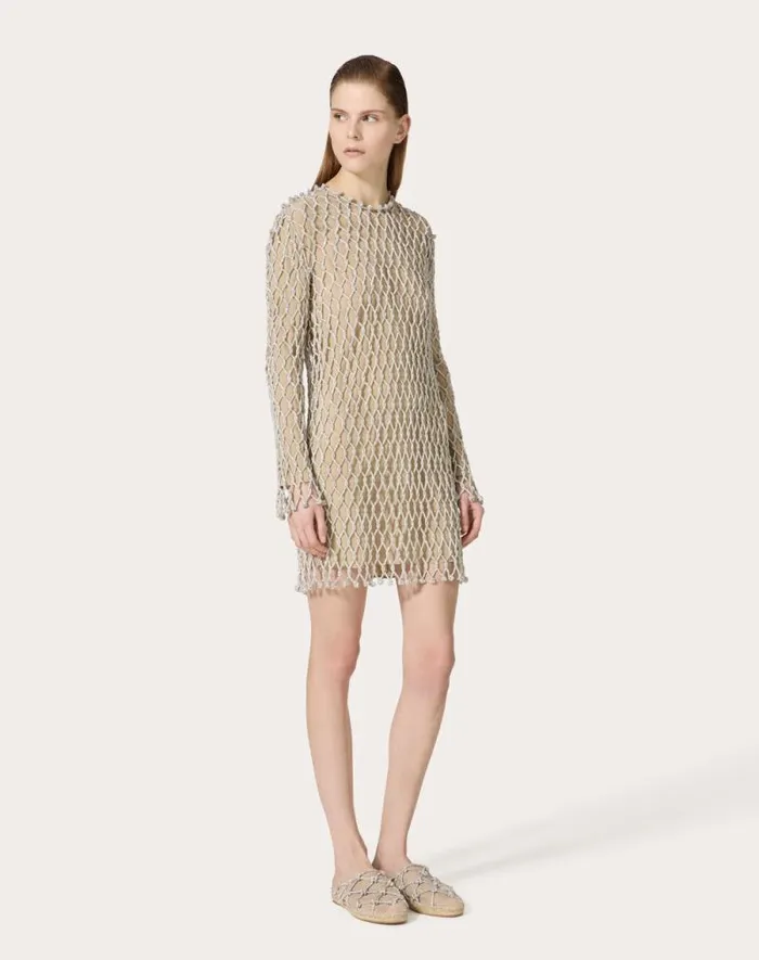 Valentino Dresses Woman Embroidered Rhinestone Mesh Short Dress For Woman In Silver Silver