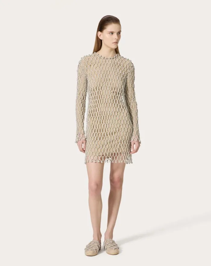 Valentino Dresses Woman Embroidered Rhinestone Mesh Short Dress For Woman In Silver Silver