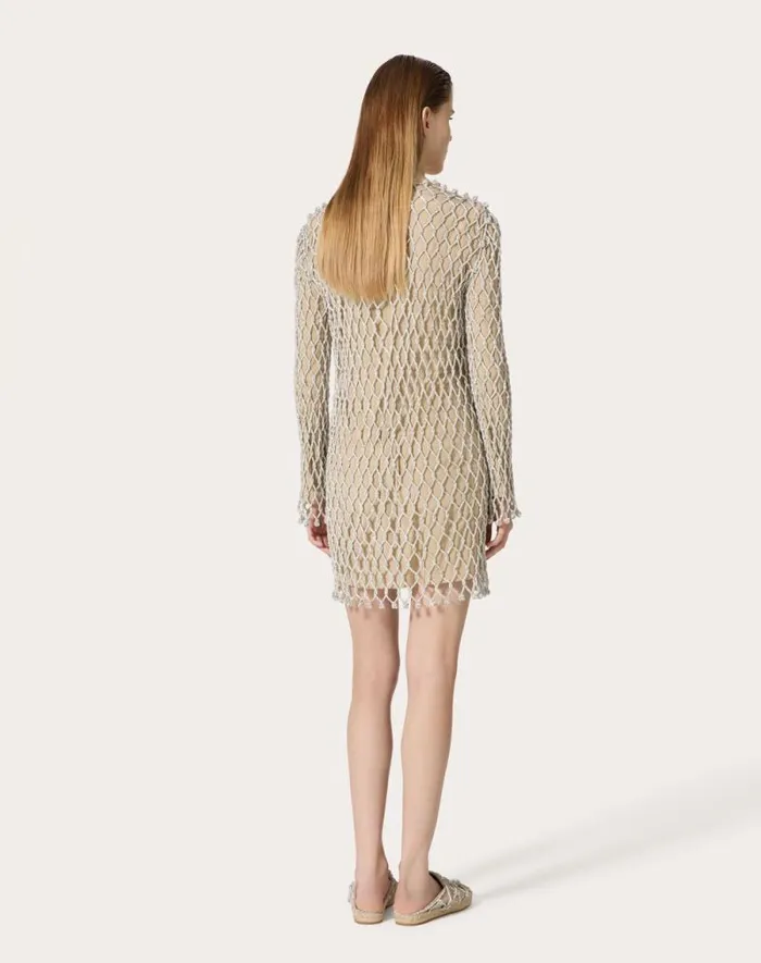 Valentino Dresses Woman Embroidered Rhinestone Mesh Short Dress For Woman In Silver Silver