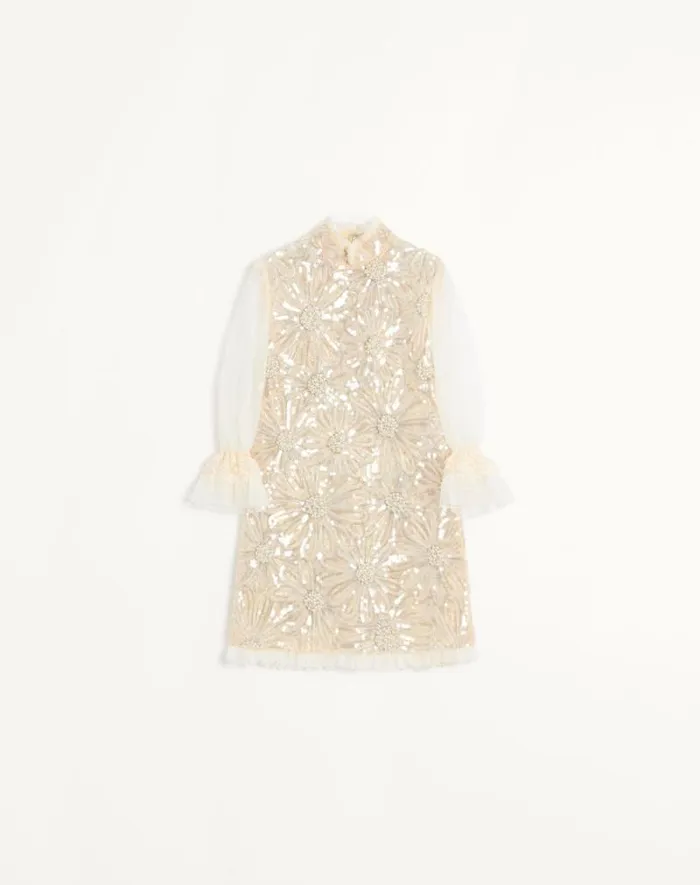 Valentino Dresses Woman Short Embroidered Organza Dress For Woman In Pearl Gray Pearl Gray Valentino Dresses Woman Short Embroidered Organza Dress For Woman In Pearl Gray Pearl Gray