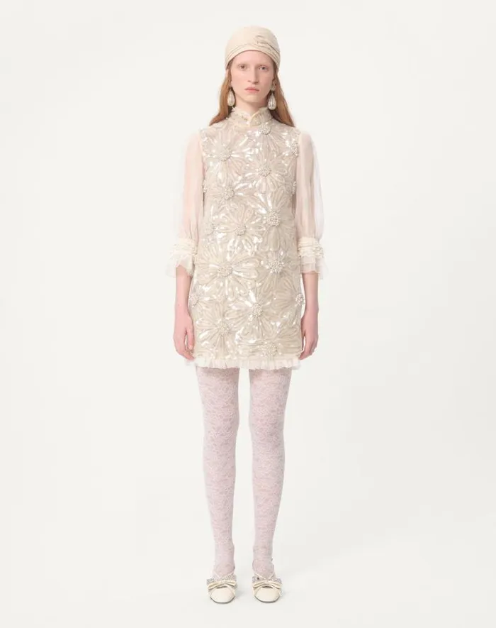 Valentino Dresses Woman Short Embroidered Organza Dress For Woman In Pearl Gray Pearl Gray Valentino Dresses Woman Short Embroidered Organza Dress For Woman In Pearl Gray Pearl Gray
