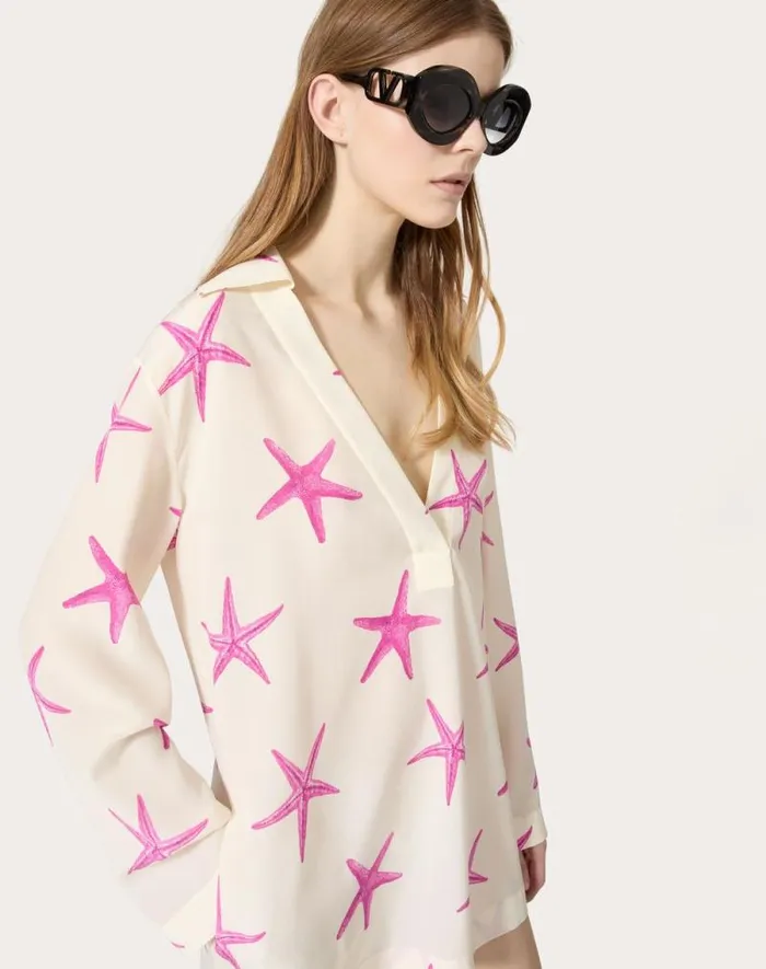 Valentino Dresses Woman Starfish Crepe De Chine Short Dress For Woman In Ivorypink Pp Ivorypink Pp