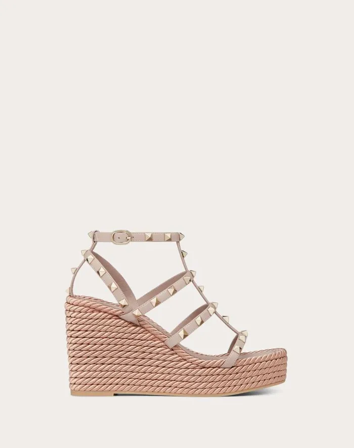Valentino Espadrilles And Wedges Woman Rockstud Ankle Strap Wedge Sandal In Calfskin Leather 95 Mm For Woman In Black Black Valentino Espadrilles And Wedges Woman Rockstud Ankle Strap Wedge Sandal In Calfskin Leather 95 Mm For Woman In Black Black