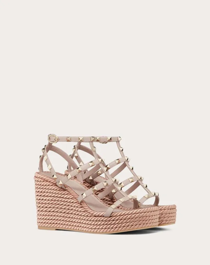 Valentino Espadrilles And Wedges Woman Rockstud Ankle Strap Wedge Sandal In Calfskin Leather 95 Mm For Woman In Black Black Valentino Espadrilles And Wedges Woman Rockstud Ankle Strap Wedge Sandal In Calfskin Leather 95 Mm For Woman In Black Black