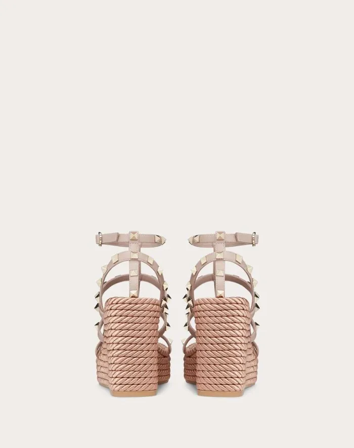 Valentino Espadrilles And Wedges Woman Rockstud Ankle Strap Wedge Sandal In Calfskin Leather 95 Mm For Woman In Black Black Valentino Espadrilles And Wedges Woman Rockstud Ankle Strap Wedge Sandal In Calfskin Leather 95 Mm For Woman In Black Black