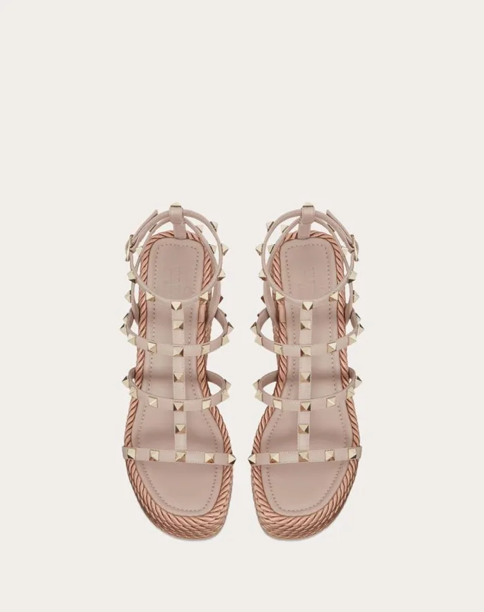 Valentino Espadrilles And Wedges Woman Rockstud Ankle Strap Wedge Sandal In Calfskin Leather 95 Mm For Woman In Black Black Valentino Espadrilles And Wedges Woman Rockstud Ankle Strap Wedge Sandal In Calfskin Leather 95 Mm For Woman In Black Black