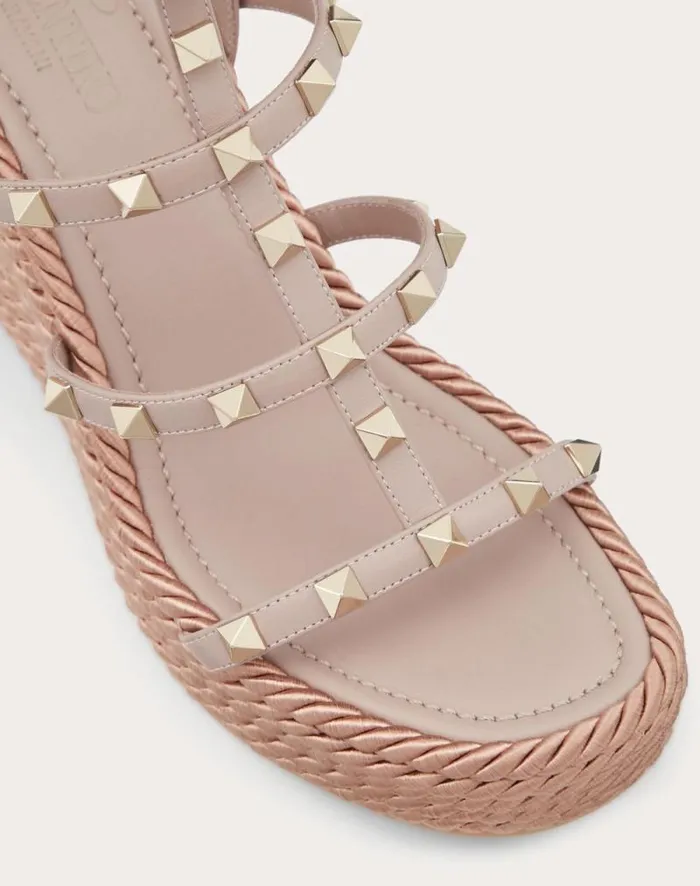 Valentino Espadrilles And Wedges Woman Rockstud Ankle Strap Wedge Sandal In Calfskin Leather 95 Mm For Woman In Black Black Valentino Espadrilles And Wedges Woman Rockstud Ankle Strap Wedge Sandal In Calfskin Leather 95 Mm For Woman In Black Black