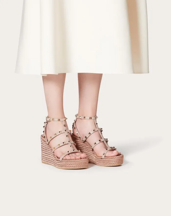 Valentino Espadrilles And Wedges Woman Rockstud Ankle Strap Wedge Sandal In Calfskin Leather 95 Mm For Woman In Black Black Valentino Espadrilles And Wedges Woman Rockstud Ankle Strap Wedge Sandal In Calfskin Leather 95 Mm For Woman In Black Black