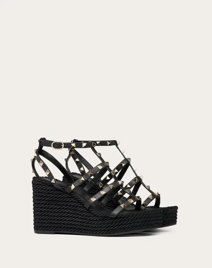 Valentino Espadrilles And Wedges Woman Rockstud Ankle Strap Wedge Sandal In Calfskin Leather 95 Mm For Woman In Black Black Valentino Espadrilles And Wedges Woman Rockstud Ankle Strap Wedge Sandal In Calfskin Leather 95 Mm For Woman In Black Black