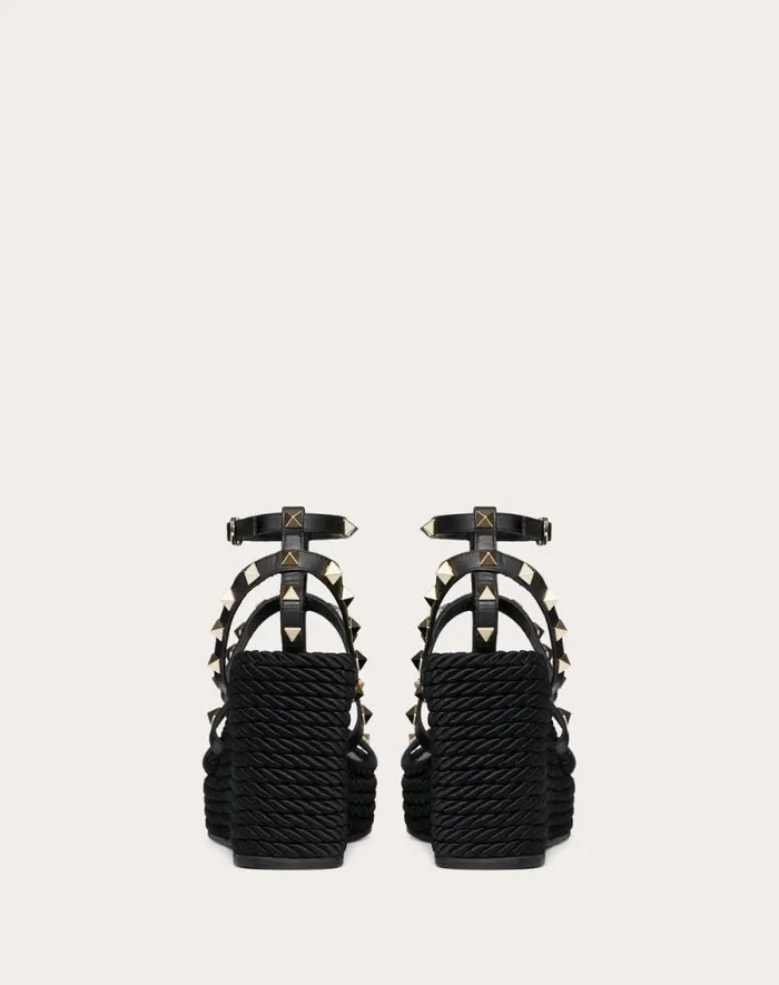 Valentino Espadrilles And Wedges Woman Rockstud Ankle Strap Wedge Sandal In Calfskin Leather 95 Mm For Woman In Black Black Valentino Espadrilles And Wedges Woman Rockstud Ankle Strap Wedge Sandal In Calfskin Leather 95 Mm For Woman In Black Black