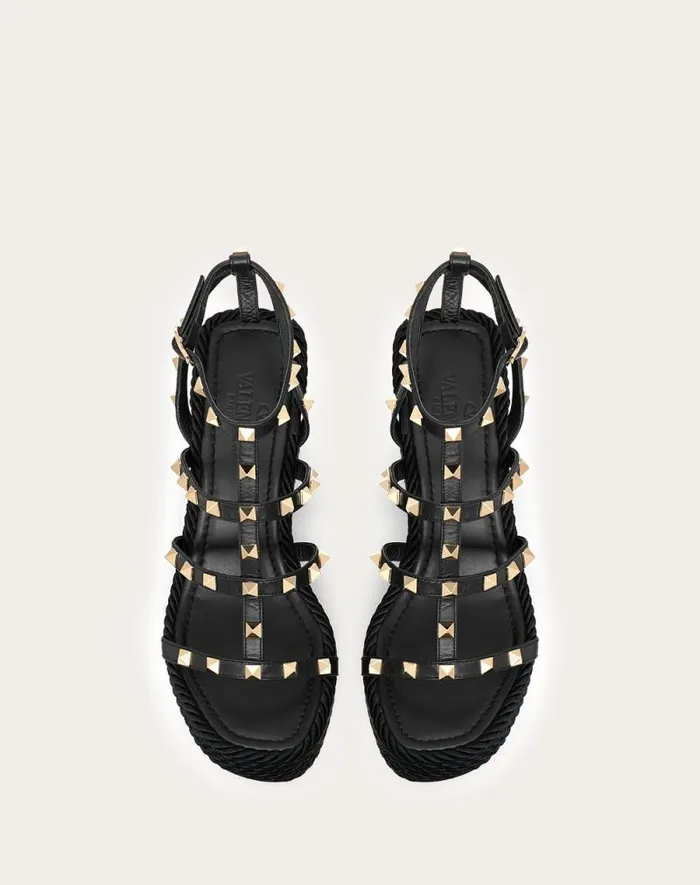 Valentino Espadrilles And Wedges Woman Rockstud Ankle Strap Wedge Sandal In Calfskin Leather 95 Mm For Woman In Black Black Valentino Espadrilles And Wedges Woman Rockstud Ankle Strap Wedge Sandal In Calfskin Leather 95 Mm For Woman In Black Black