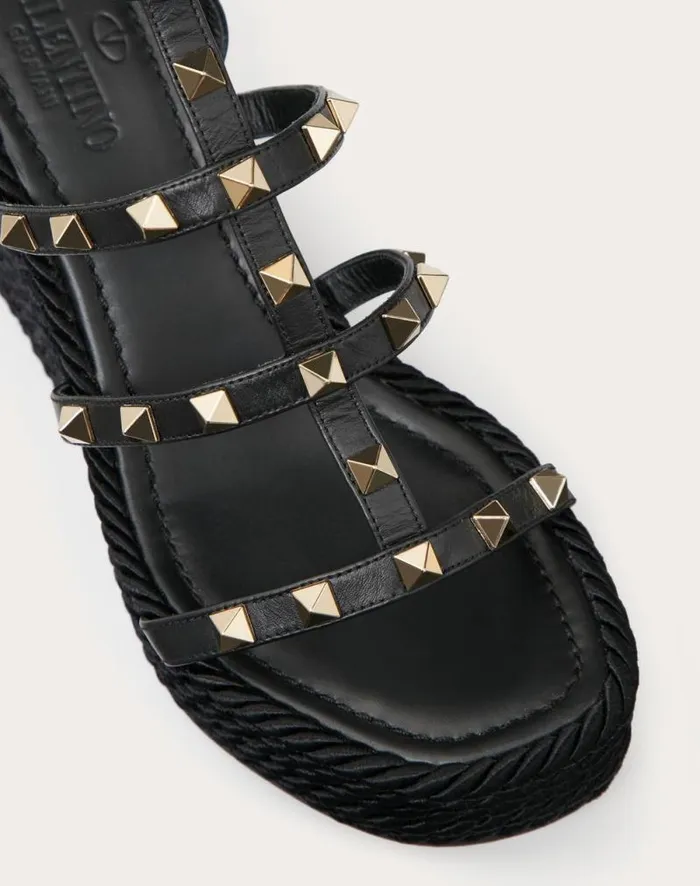 Valentino Espadrilles And Wedges Woman Rockstud Ankle Strap Wedge Sandal In Calfskin Leather 95 Mm For Woman In Black Black Valentino Espadrilles And Wedges Woman Rockstud Ankle Strap Wedge Sandal In Calfskin Leather 95 Mm For Woman In Black Black