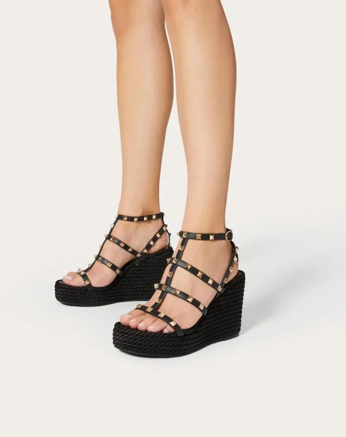 Valentino Espadrilles And Wedges Woman Rockstud Ankle Strap Wedge Sandal In Calfskin Leather 95 Mm For Woman In Black Black Valentino Espadrilles And Wedges Woman Rockstud Ankle Strap Wedge Sandal In Calfskin Leather 95 Mm For Woman In Black Black