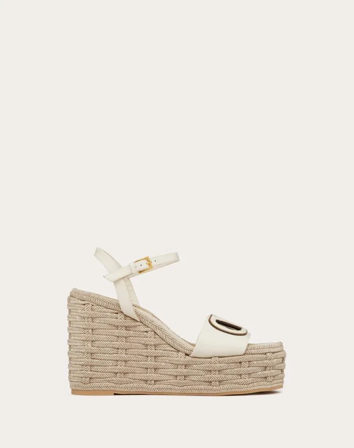 Valentino Espadrilles And Wedges Woman Vlogo Calfskin Cutout Wedge Sandal 110mm For Woman In Ivoryantique Brass Ivoryantique Brass