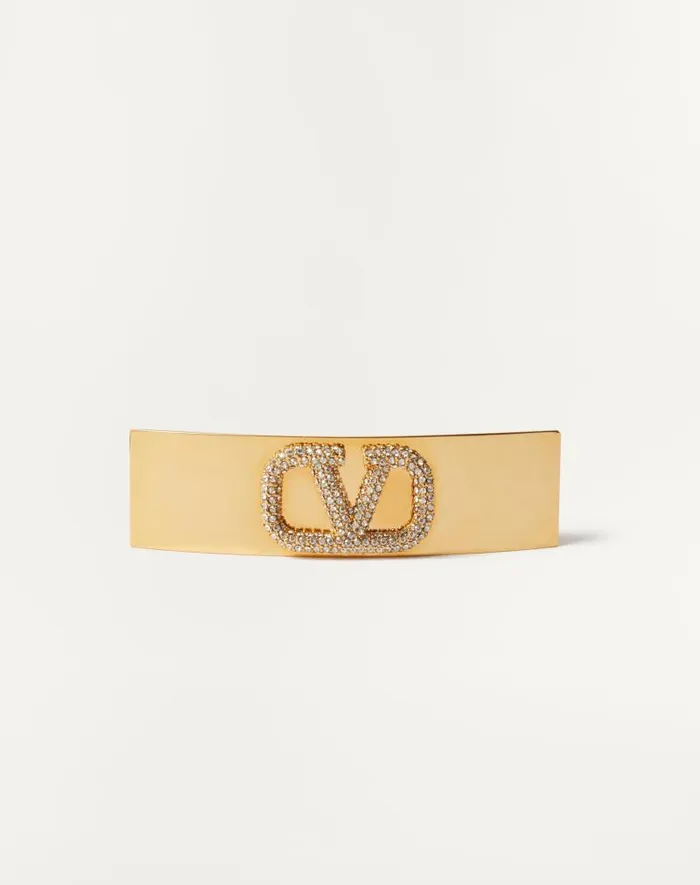 Valentino Hair Accessories Woman Vlogo Signature Hair Clip Made In Metal And Swarovski Crystals For Woman In Gold Gold Valentino Hair Accessories Woman Vlogo Signature Hair Clip Made In Metal And Swarovski Crystals For Woman In Gold Gold