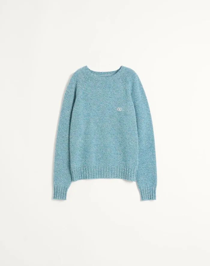 Valentino Knitwear Man Crewneck Wool Sweater With Vlogo Embroidery For Man In Turquoise Turquoise Valentino Knitwear Man Crewneck Wool Sweater With Vlogo Embroidery For Man In Turquoise Turquoise
