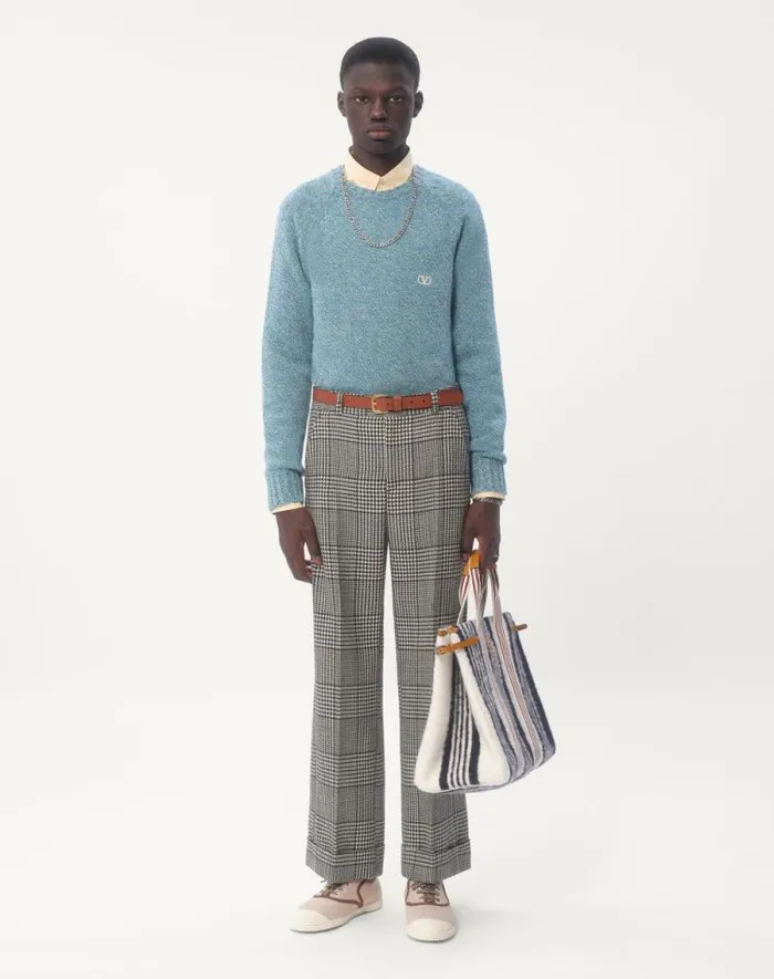 Valentino Knitwear Man Crewneck Wool Sweater With Vlogo Embroidery For Man In Turquoise Turquoise Valentino Knitwear Man Crewneck Wool Sweater With Vlogo Embroidery For Man In Turquoise Turquoise