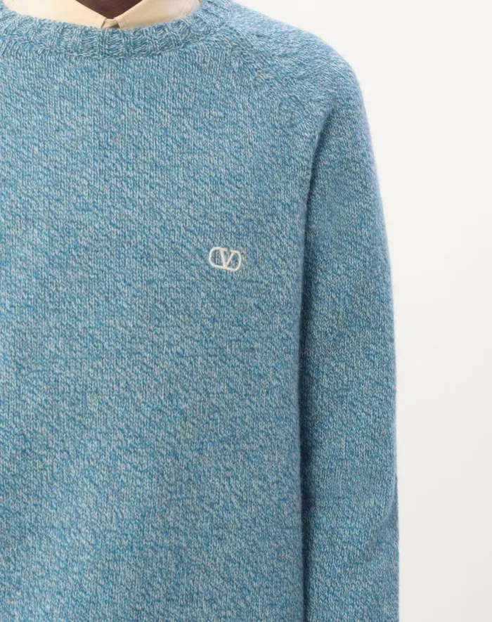 Valentino Knitwear Man Crewneck Wool Sweater With Vlogo Embroidery For Man In Turquoise Turquoise Valentino Knitwear Man Crewneck Wool Sweater With Vlogo Embroidery For Man In Turquoise Turquoise