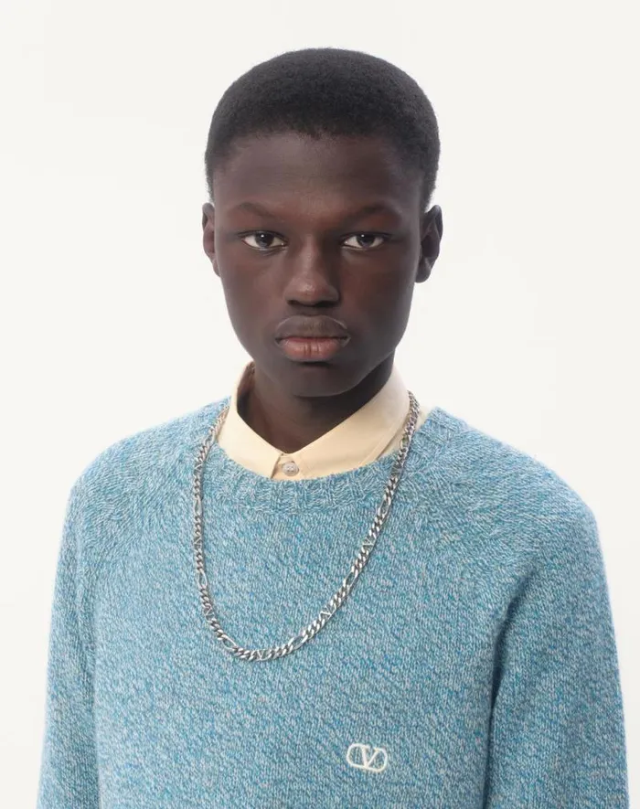 Valentino Knitwear Man Crewneck Wool Sweater With Vlogo Embroidery For Man In Turquoise Turquoise Valentino Knitwear Man Crewneck Wool Sweater With Vlogo Embroidery For Man In Turquoise Turquoise