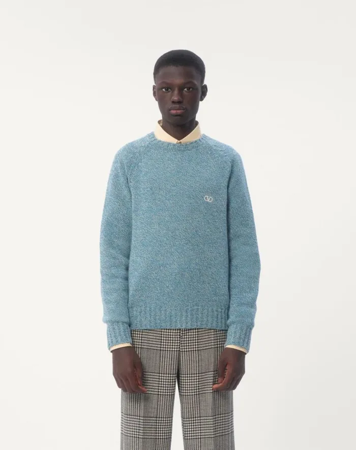 Valentino Knitwear Man Crewneck Wool Sweater With Vlogo Embroidery For Man In Turquoise Turquoise Valentino Knitwear Man Crewneck Wool Sweater With Vlogo Embroidery For Man In Turquoise Turquoise
