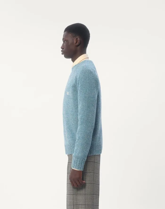 Valentino Knitwear Man Crewneck Wool Sweater With Vlogo Embroidery For Man In Turquoise Turquoise Valentino Knitwear Man Crewneck Wool Sweater With Vlogo Embroidery For Man In Turquoise Turquoise