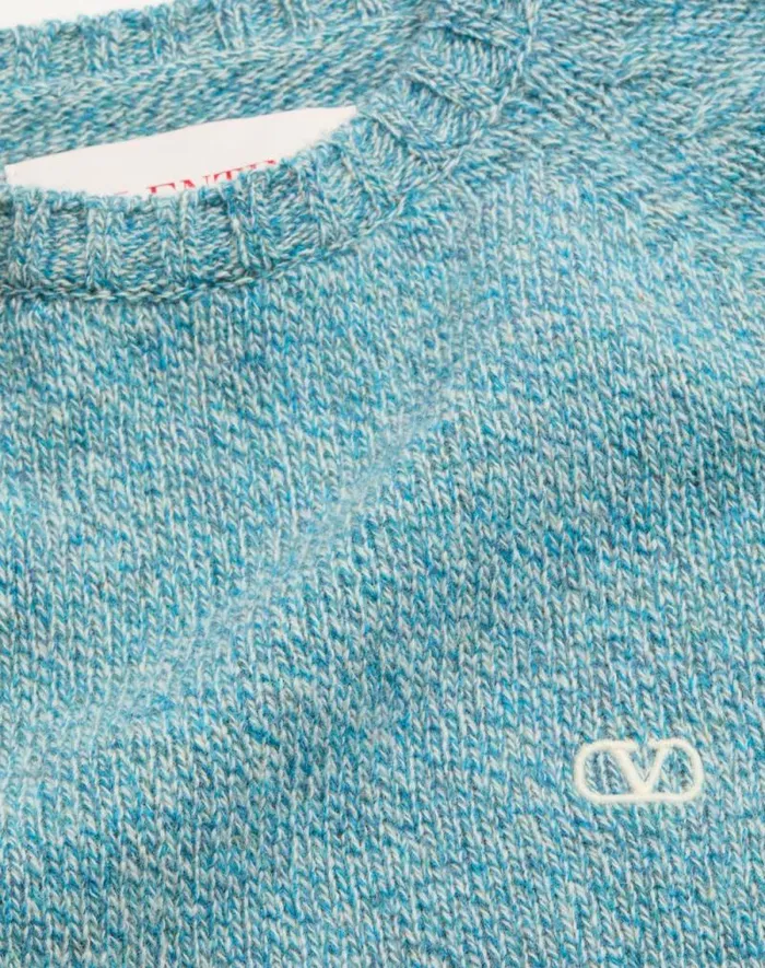 Valentino Knitwear Man Crewneck Wool Sweater With Vlogo Embroidery For Man In Turquoise Turquoise Valentino Knitwear Man Crewneck Wool Sweater With Vlogo Embroidery For Man In Turquoise Turquoise