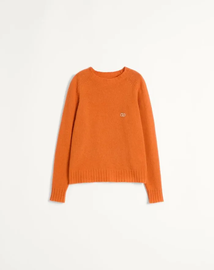 Valentino Knitwear Man Shetland Wool Crewneck Sweater With Vlogo Embroidery For Man In Butter Butter Valentino Knitwear Man Shetland Wool Crewneck Sweater With Vlogo Embroidery For Man In Butter Butter