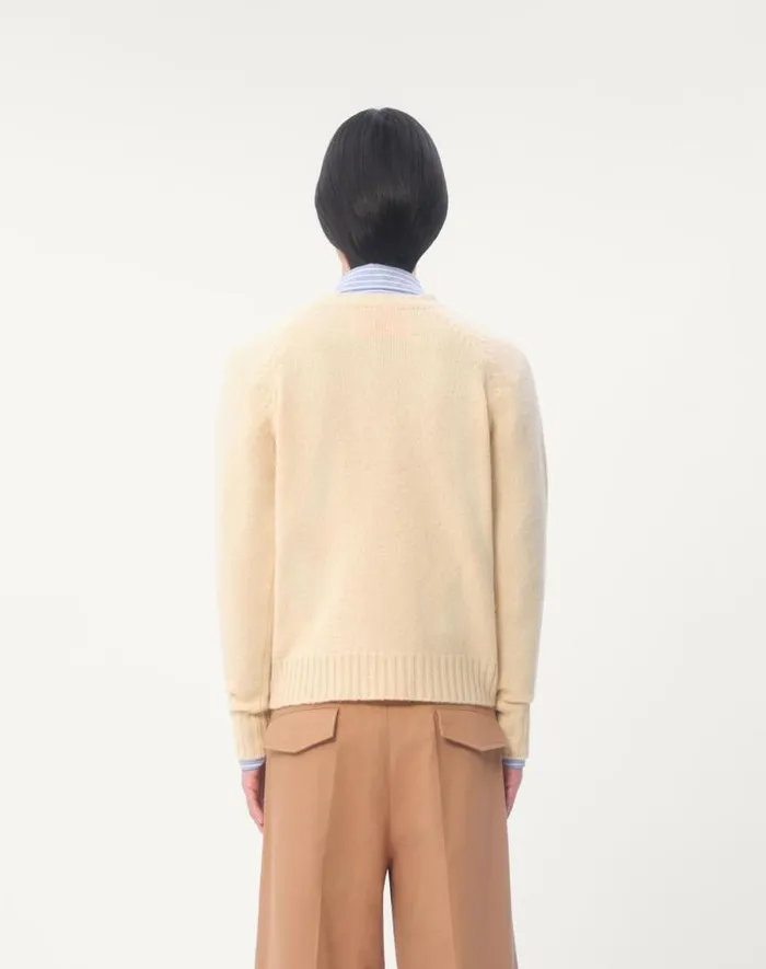 Valentino Knitwear Man Shetland Wool Crewneck Sweater With Vlogo Embroidery For Man In Butter Butter