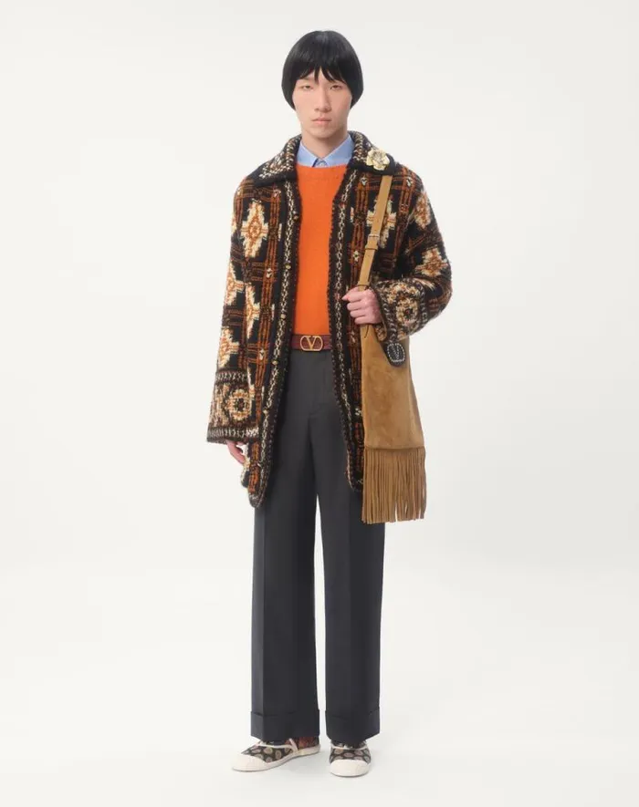 Valentino Knitwear Man Shetland Wool Crewneck Sweater With Vlogo Embroidery For Man In Butter Butter