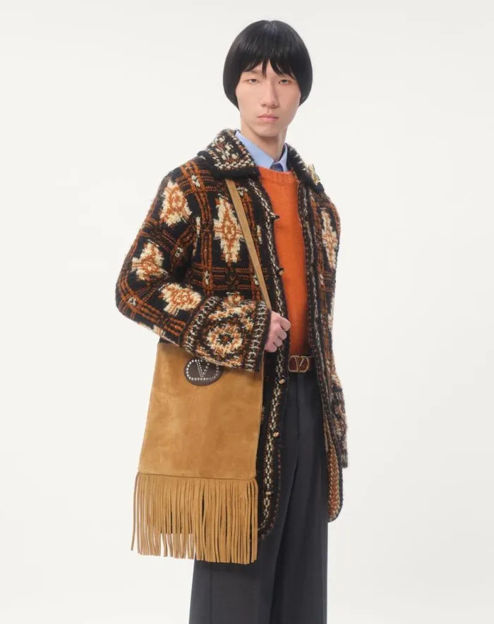 Valentino Knitwear Man Shetland Wool Crewneck Sweater With Vlogo Embroidery For Man In Butter Butter