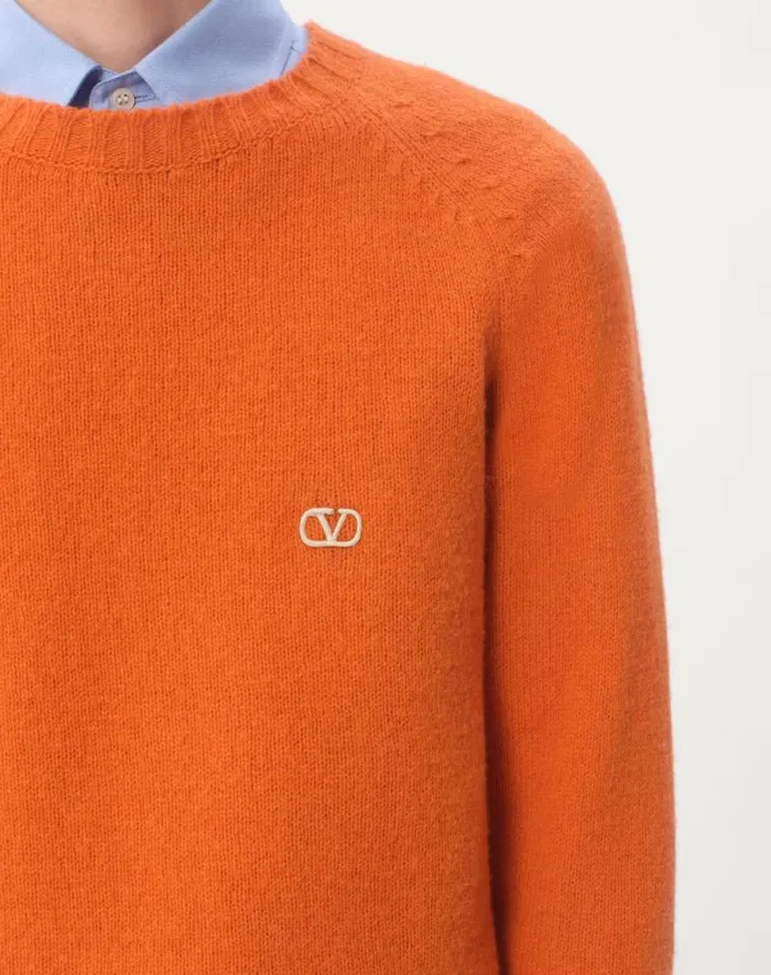 Valentino Knitwear Man Shetland Wool Crewneck Sweater With Vlogo Embroidery For Man In Butter Butter