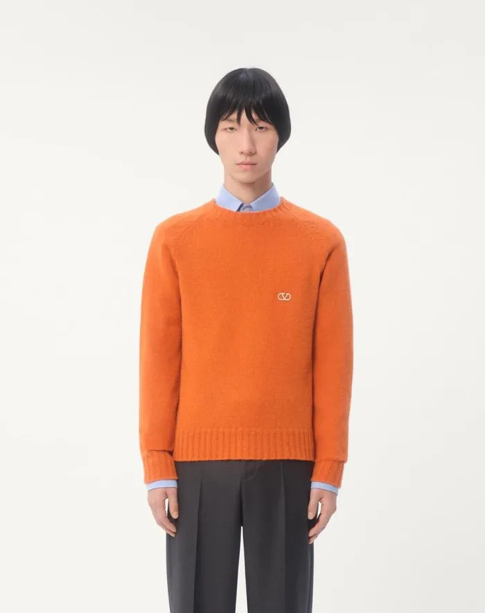 Valentino Knitwear Man Shetland Wool Crewneck Sweater With Vlogo Embroidery For Man In Butter Butter