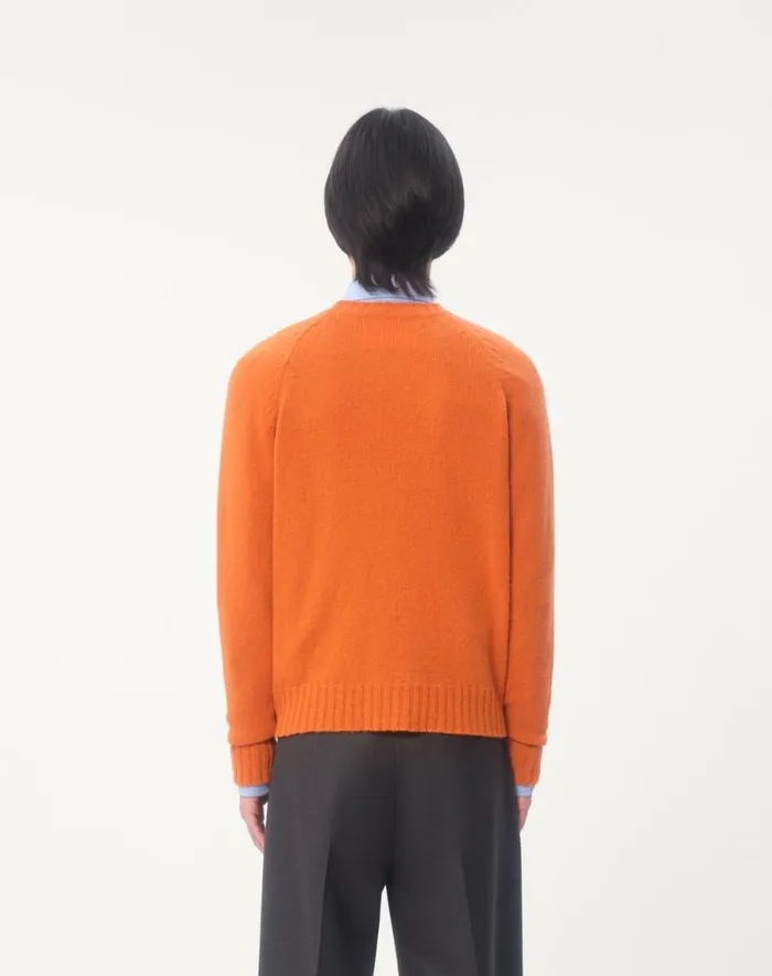 Valentino Knitwear Man Shetland Wool Crewneck Sweater With Vlogo Embroidery For Man In Butter Butter