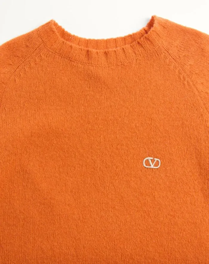 Valentino Knitwear Man Shetland Wool Crewneck Sweater With Vlogo Embroidery For Man In Butter Butter