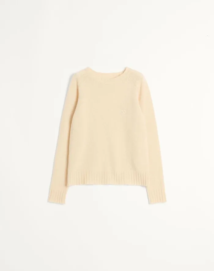 Valentino Knitwear Man Shetland Wool Crewneck Sweater With Vlogo Embroidery For Man In Butter Butter