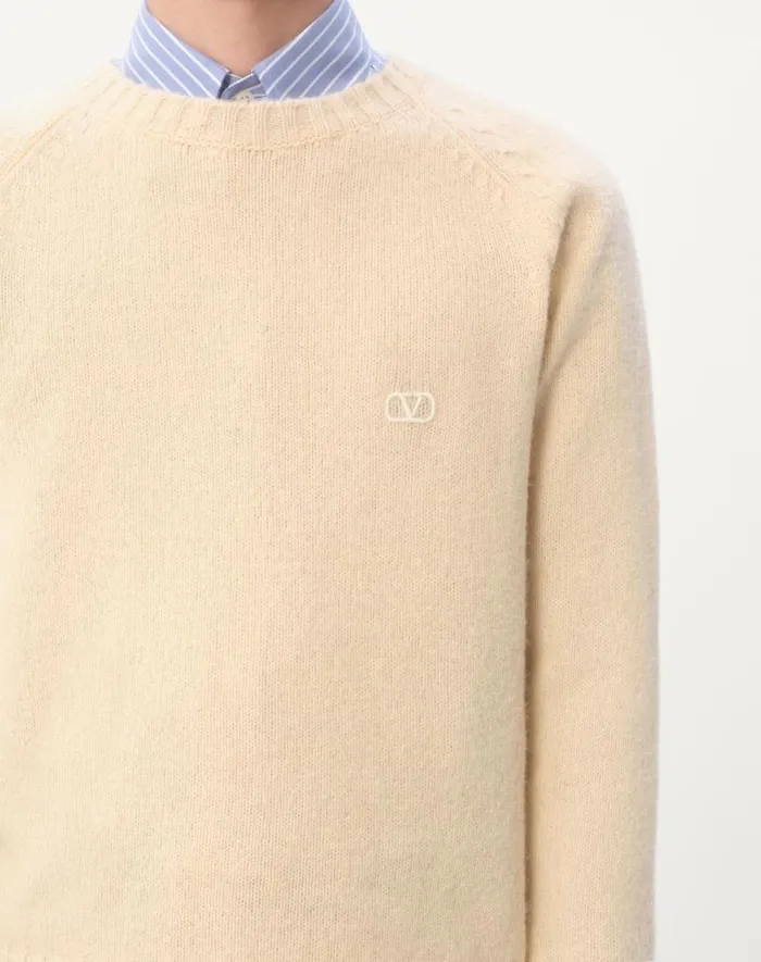 Valentino Knitwear Man Shetland Wool Crewneck Sweater With Vlogo Embroidery For Man In Butter Butter