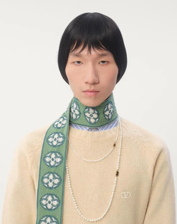 Valentino Knitwear Man Shetland Wool Crewneck Sweater With Vlogo Embroidery For Man In Butter Butter